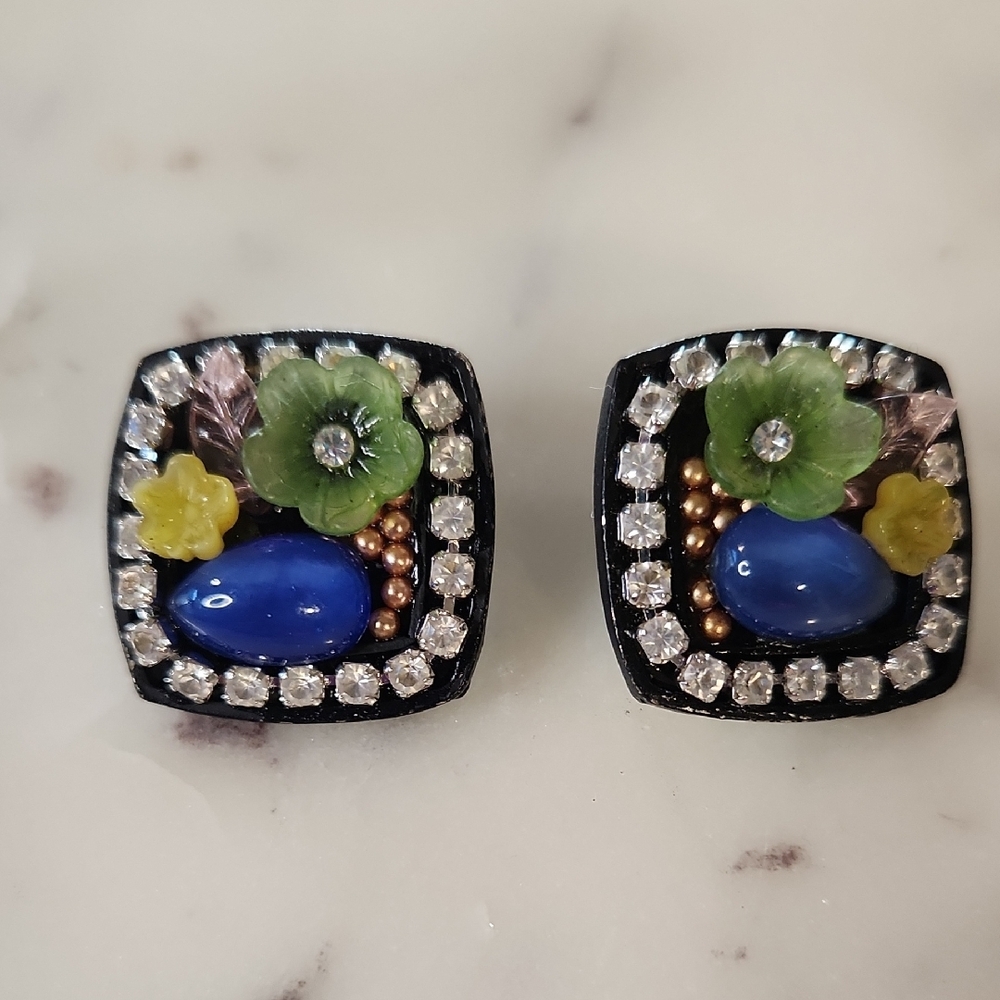 Moon Stone | Glass Floral Metal ClipOn Earrings 1950's RARE